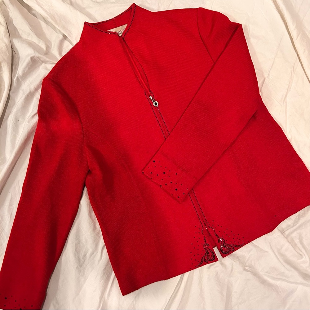 VINTAGE 1950s FELONA KNIT RED BEADED ZIP UP SWEATER JACKET